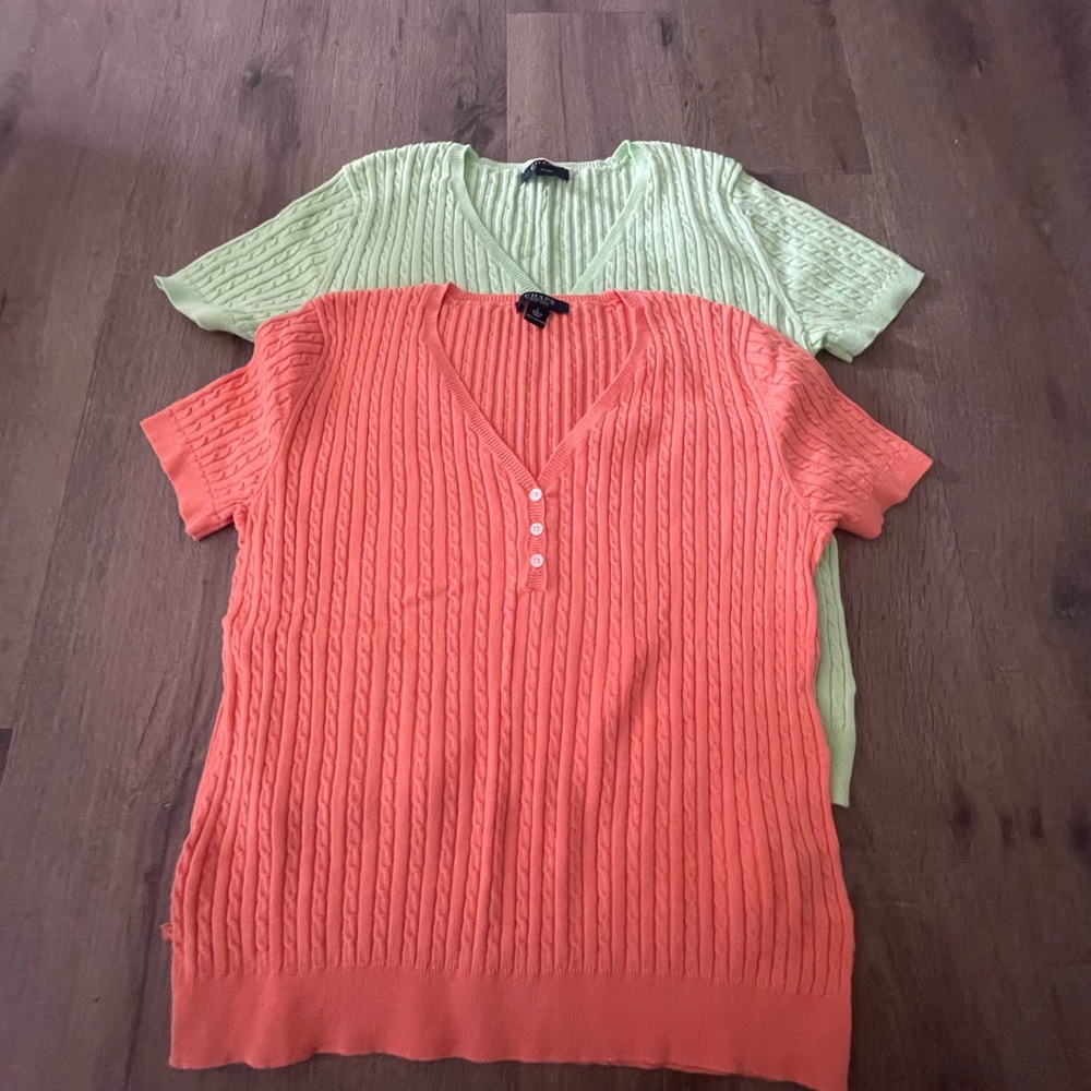 Chaps Coral and Light Green Cable-Knit V-Neck Sweaters (Pair)